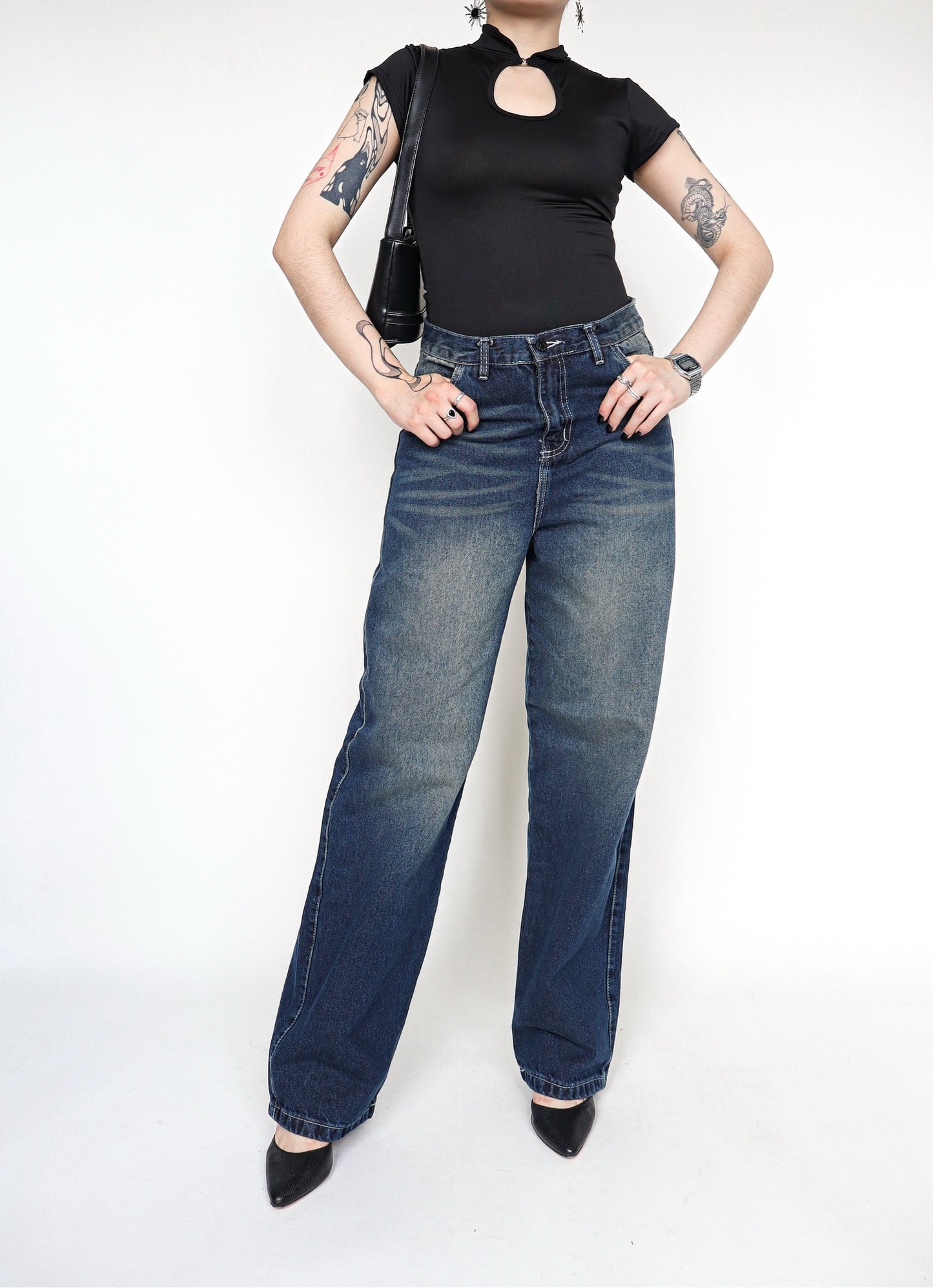 Jean Retro Dark Wash Denim tiro alto-bajo