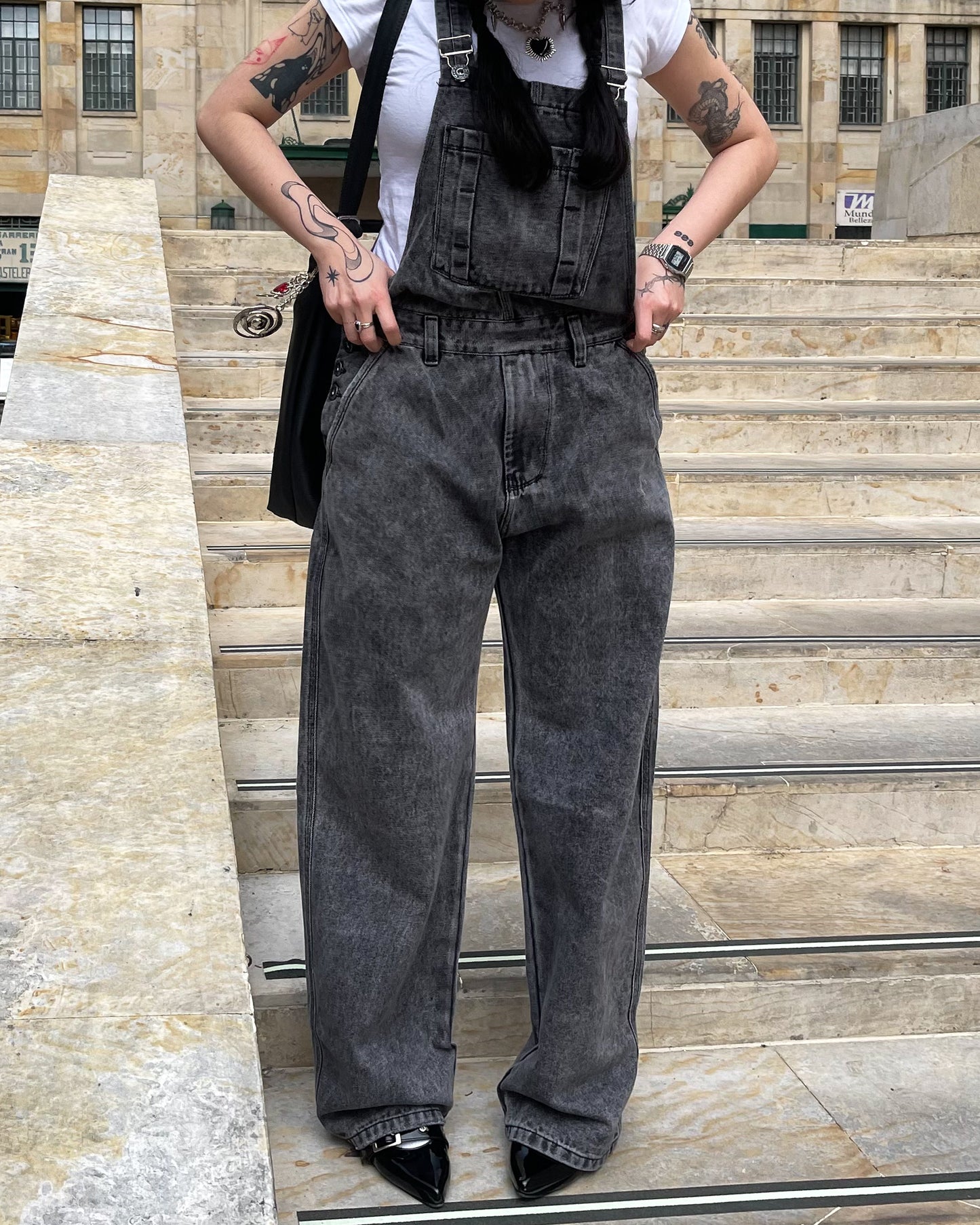 Overol de Jean Baggy Barrel gris acid wash