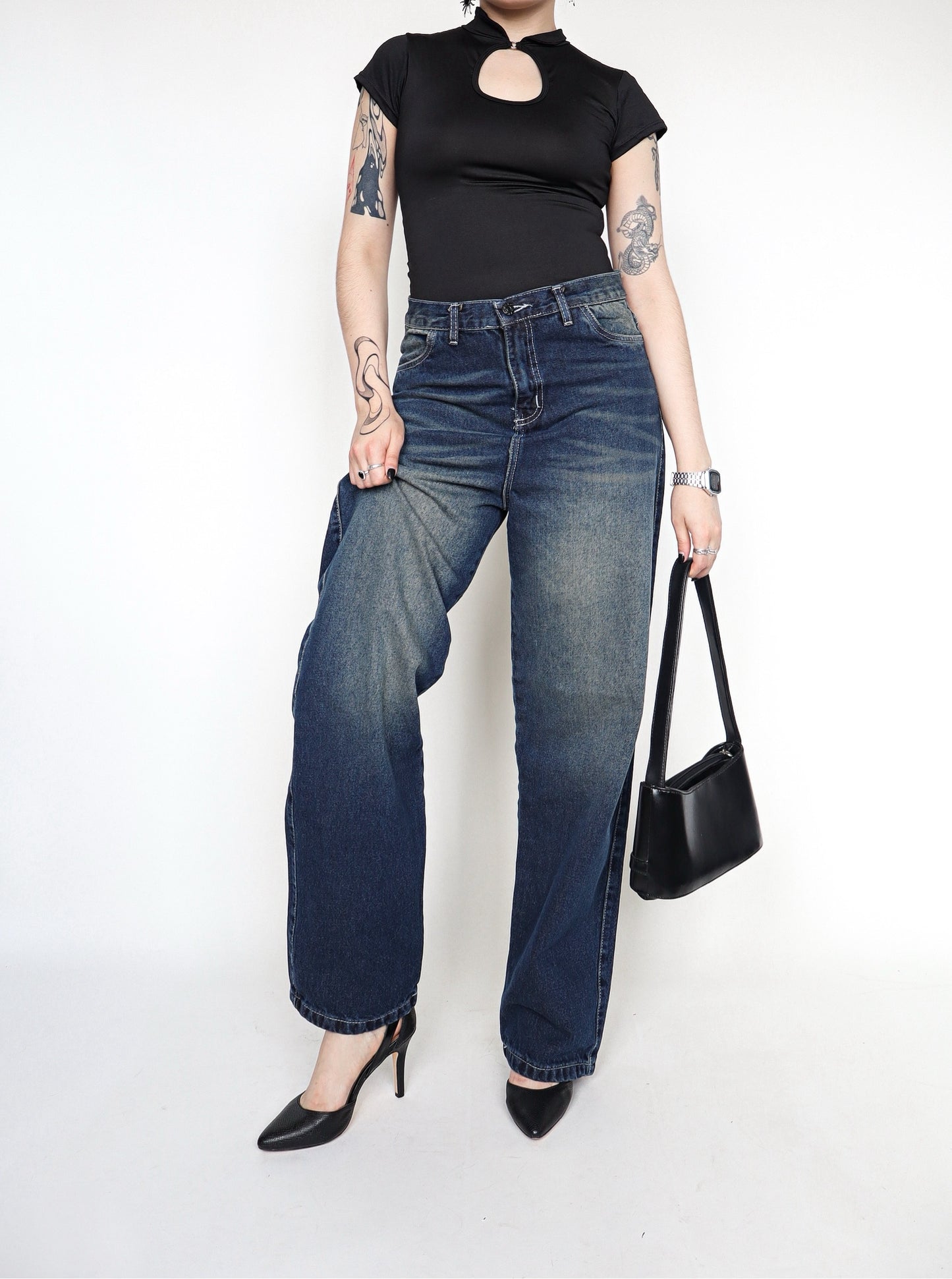 Jean Retro Dark Wash Denim tiro alto-bajo