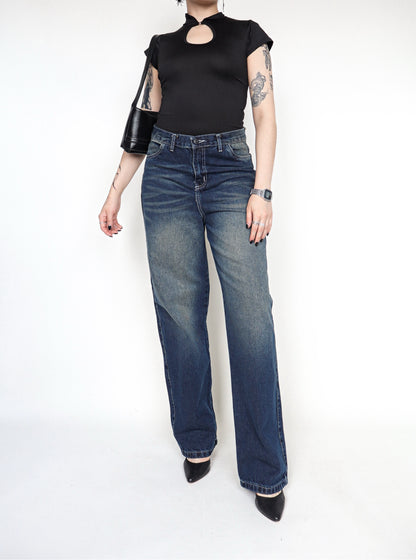 Jean Retro Dark Wash Denim tiro alto-bajo