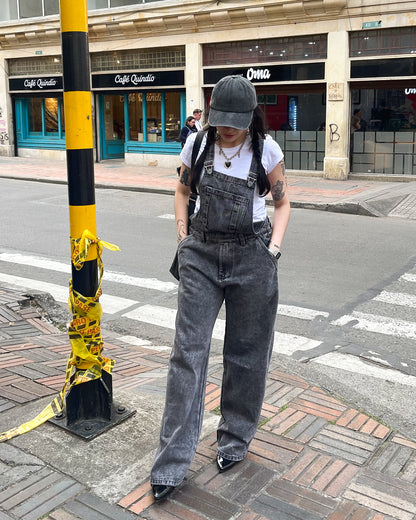 Overol de Jean Baggy Barrel gris acid wash
