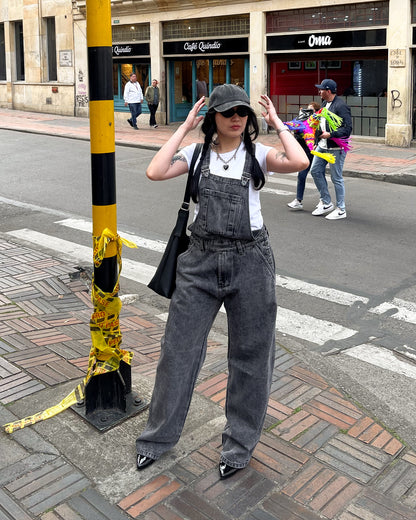 Overol de Jean Baggy Barrel gris acid wash