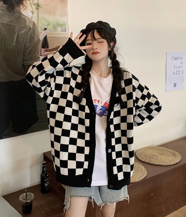 Cardigan Tejido Retro de ajedrez