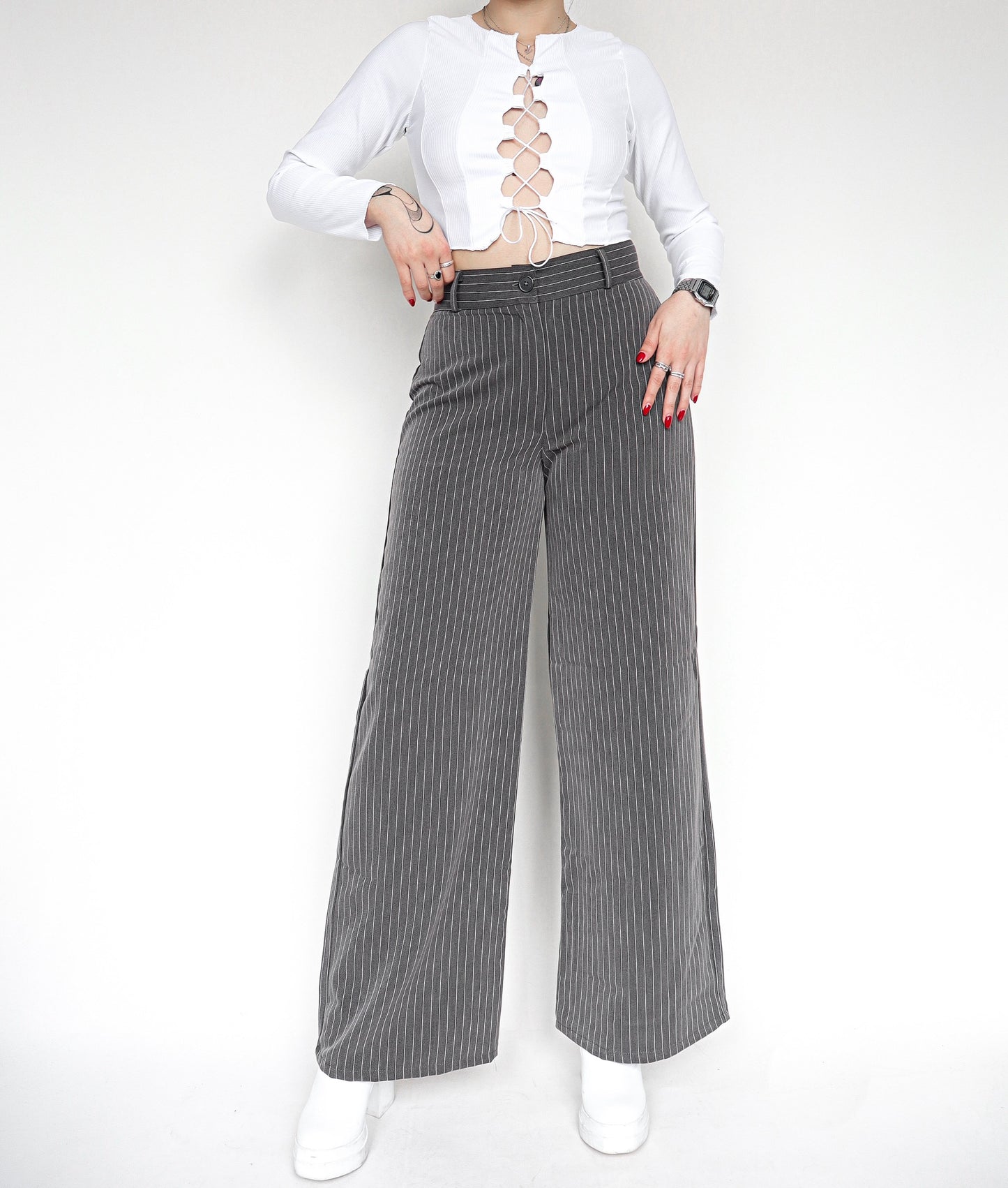 Pantalón diva gris raya tiza