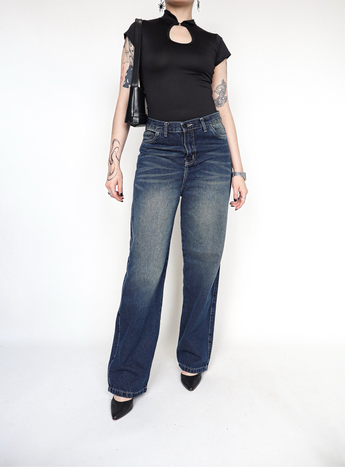 Jean Retro Dark Wash Denim tiro alto-bajo