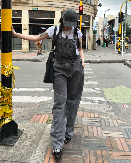 Overol de Jean Baggy Barrel gris acid wash