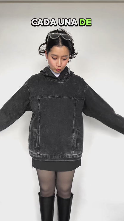 Hoodie denim negro acid wash
